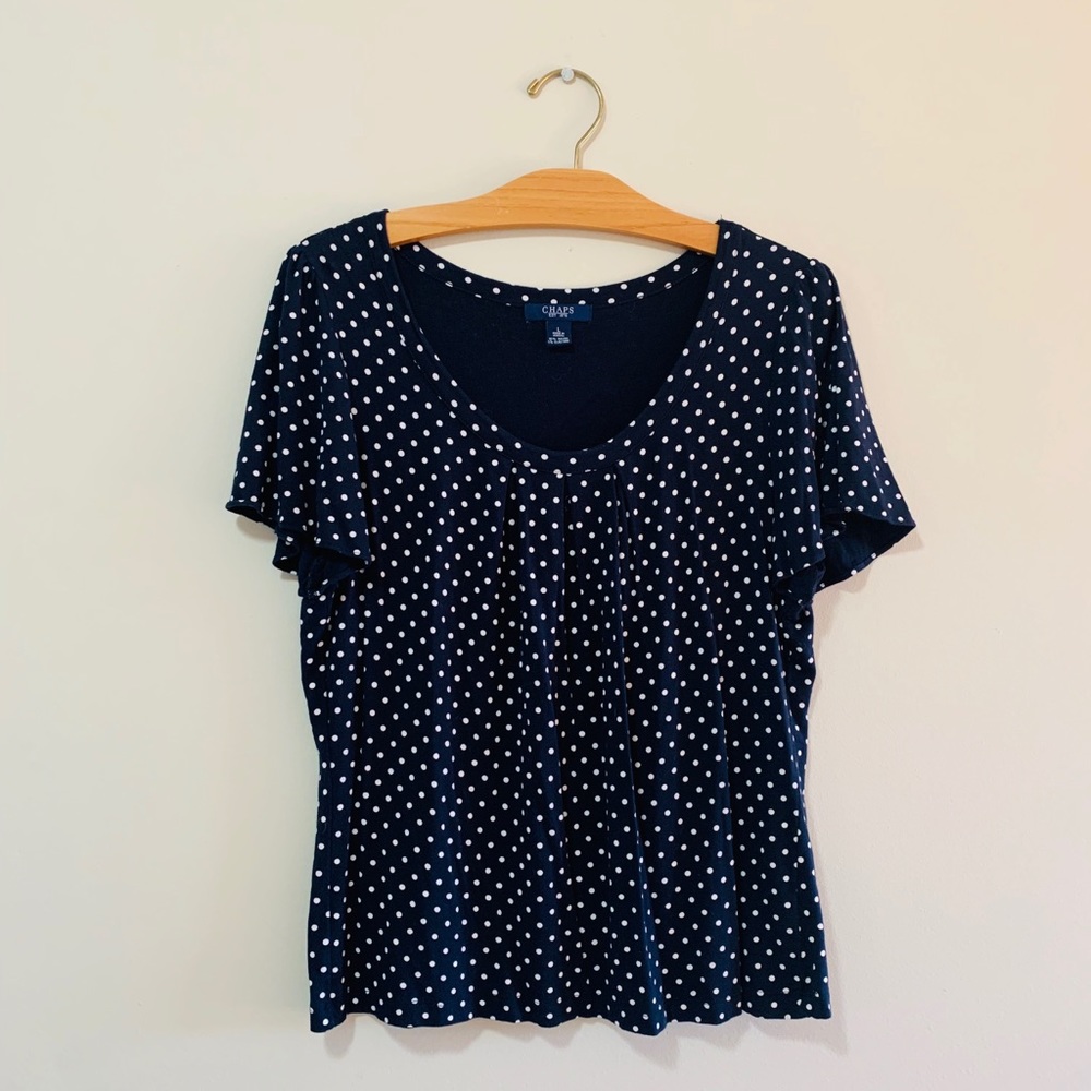 Navy blue with white polka dots short sleeve blouse scoop neck